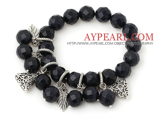 Μόδα πολύπλευρη Γύρου Blue Sand Stone βραχιόλι Beaded Με Θιβέτ Silver Leaf Τρίγωνο Αξεσουάρ Charm