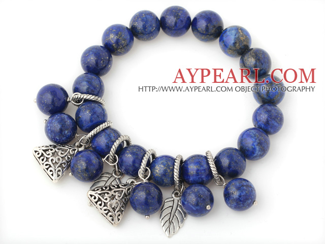 Nice Round Lapis Stone Beaded Bracelet With Tibet Silver Leaf Triangle Charm Accessories