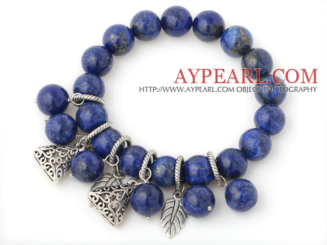 Trevlig runda Lapis sten pärlstav armband med Tibet Silver Leaf Triangle Charm Tillbehör