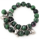 Fashion Round Red-Green Zoisite Beaded Bracelet With Tibet Silver Heart Lucky Bag Charm Accessories