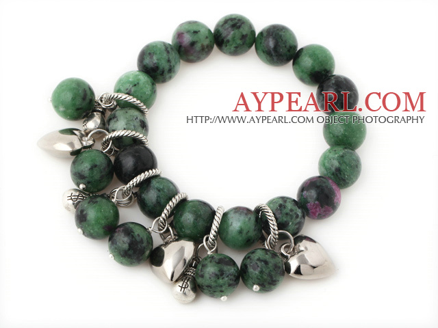 Fashion Round Red-Green Zoisite Beaded Bracelet With Tibet Silver Heart Lucky Bag Charm Accessories