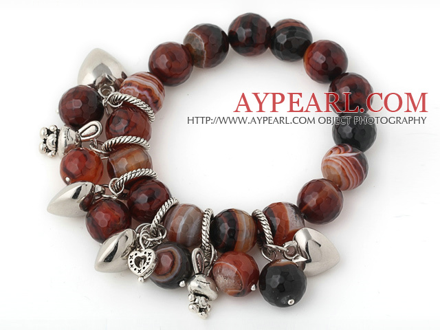 Frumos Faceted Runda Banded Agate margele brățară cu Tibet argint inima de iepure Farmecul Accesorii