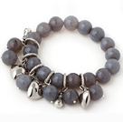 Fashion 12mm Faceted Round Gray Agate Beaded Bracelet With Tibet Silver Heart Lucky Bag Charm Accessories