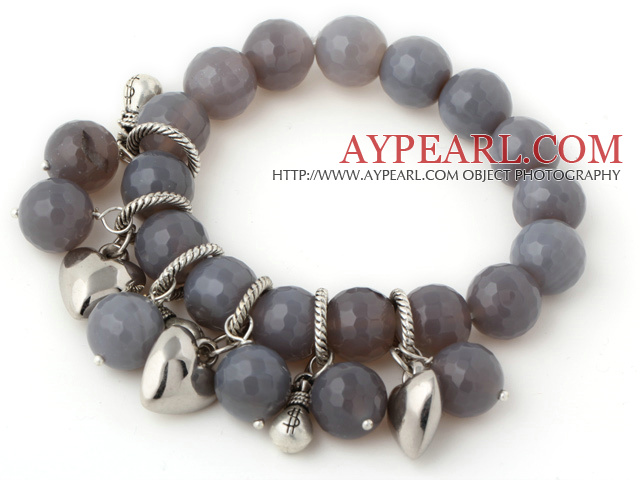 Fashion 12mm Faceted Round Gray Agate Beaded Bracelet With Tibet Silver Heart Lucky Bag Charm Accessories