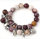 Fashion 12mm Round Silver Leaf Agate Beaded Bracelet With Tibet Silver Heart Rabbit Charm Accessories