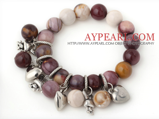 Fashion 12mm Round Silver Leaf Agate Beaded Bracelet With Tibet Silver Heart Rabbit Charm Accessories