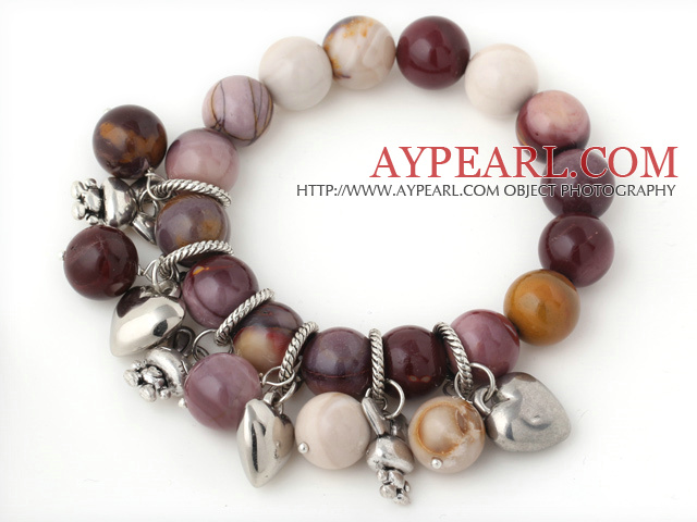 Mode 12mm Round Silver Leaf Agate pärlstav armband med Tibet silver hjärta kanin Charm Tillbehör