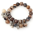 Wholesale Nice Faceted Round Banded Agate Beaded Bracelet With Tibet Silver Lucky Bag Charm Accessories