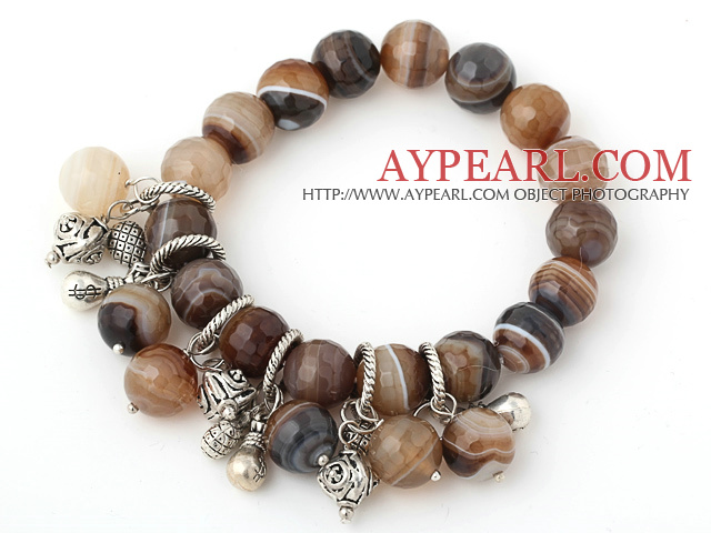 Nice Faceted Round Banded Agate Beaded Bracelet With Tibet Silver Lucky Bag Charm Accessories