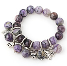 Pretty Round Charoite Beaded Bracelet With Tibet Silver Heart Rabbit Leaf Charm Accessories