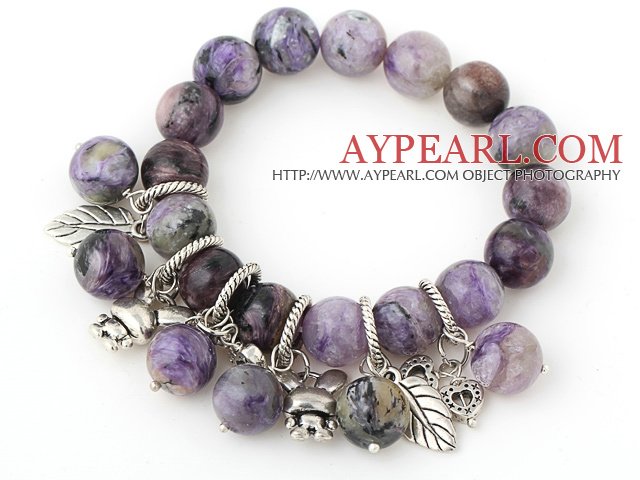 Jolie ronde Charoite bracelet perlé Avec le Tibet Argent Coeur Lapin Feuille accessoires de charme