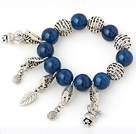 Trevlig Big Round Blue Agate pärlstav armband med Tibet Silver Rabbit Tur Bag Leaf Ball Charm Tillbehör