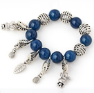 Nice Big Round Blue Agate Beaded Bracelet With Tibet Silver Rabbit Lucky Bag Leaf Ball Charm Accessories