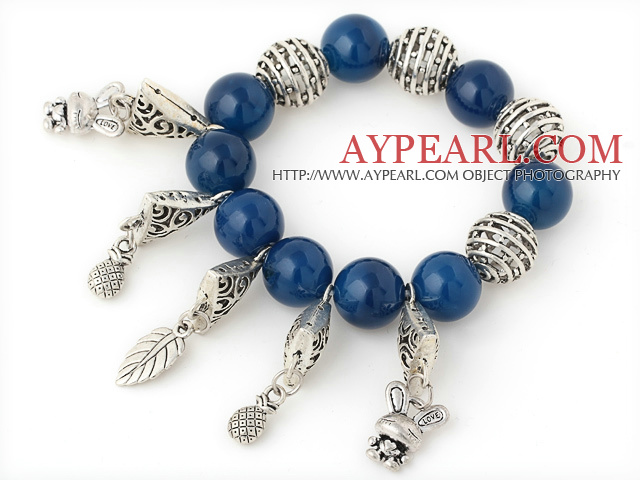 Belle bleue Big Round Agate bracelet perlé Avec Tibet lapin chanceux argenté Leaf Ball Sac à Charm