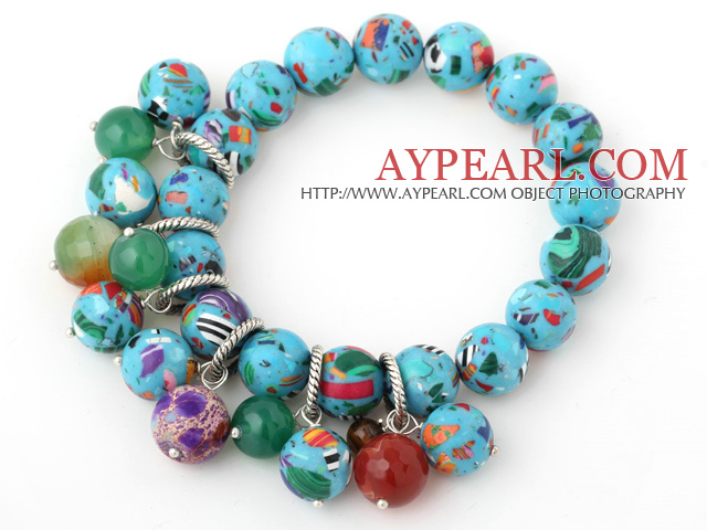 Vakker 12 - 14mm Round Fargerik Xingjiang Agate Beaded armbånd