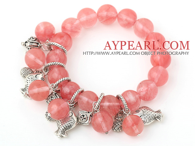 Fashion Round Cherry Quartz Beaded armbånd med Tibet Silver Fish Lucky Bag Charm Tilbehør