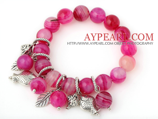 Ronde élégante Rose Agate bracelet perlé Avec Tibet poissons argentés Feuille accessoires de charme