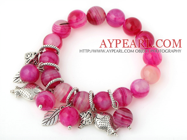 Eleganter runder Rose Agate Perlen -Armband mit Tibet Silber Fisch Blatt Charm Zubehör