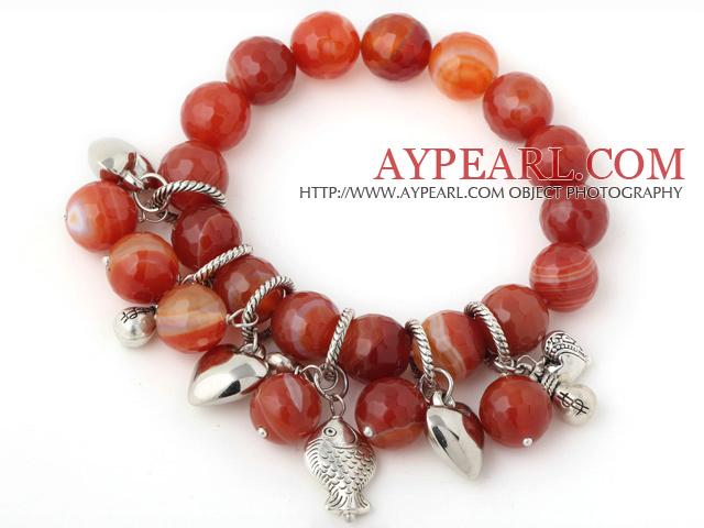 Belle facettes ronde naturelle réuni rouge Agate bracelet de perles avec le Tibet poissons argentés Sac chanceux accessoires de charme de coeur