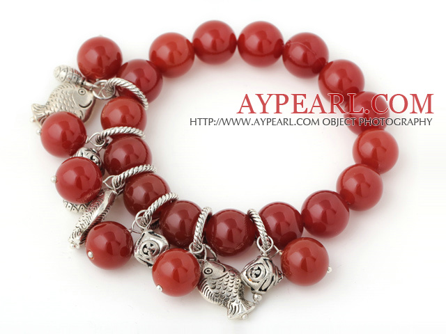 Trevlig A Grade Round Red Agate pärlstav armband med Tibet Silver Fish Tur Bag Charm Tillbehör