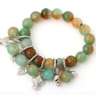 Fashion Fasettert Round Peacock Agate Beaded armbånd med Tibet Silver Fish Lucky Bag Leaf Charm Tilbehør