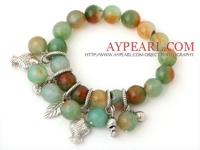 Fashion Faceted Round Peacock Agate Beaded Bracelet With Tibet Silver Fish Lucky Bag Leaf Charm Accessories