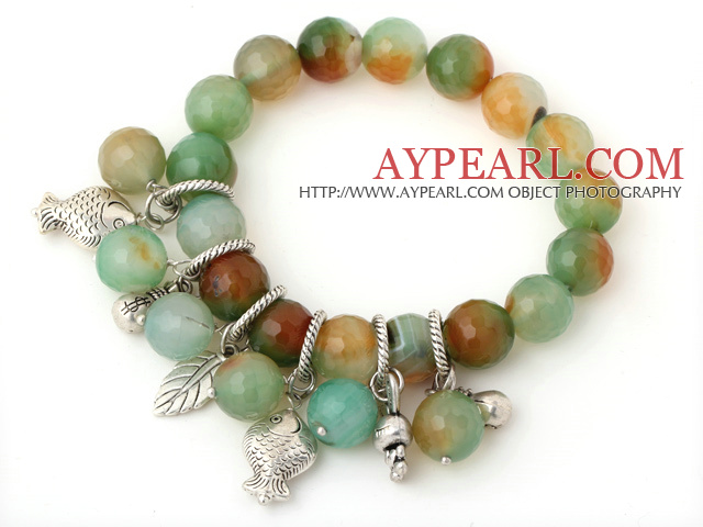 Fashion Fasettert Round Peacock Agate Beaded armbånd med Tibet Silver Fish Lucky Bag Leaf Charm Tilbehør