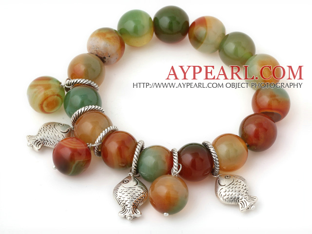 Fashion Big Round Peacock Agate Beaded Bracelet With Tibet Silver Fish Charm Accessories