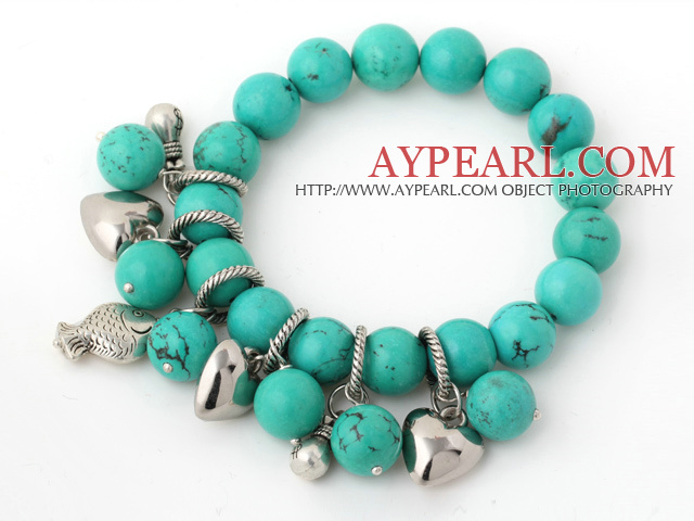 Beautiful Round Green Turquoise Beaded Bracelet With Tibet Silver Fish Lucky Bag Heart Charm Accessories