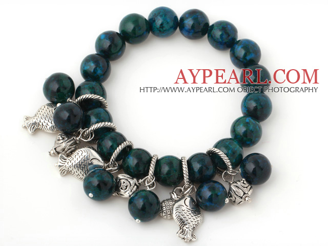 Nice Round Phoenix Stone Beads Bracelet With Tibet Silver Fish Lucky Bag Charm Accessories