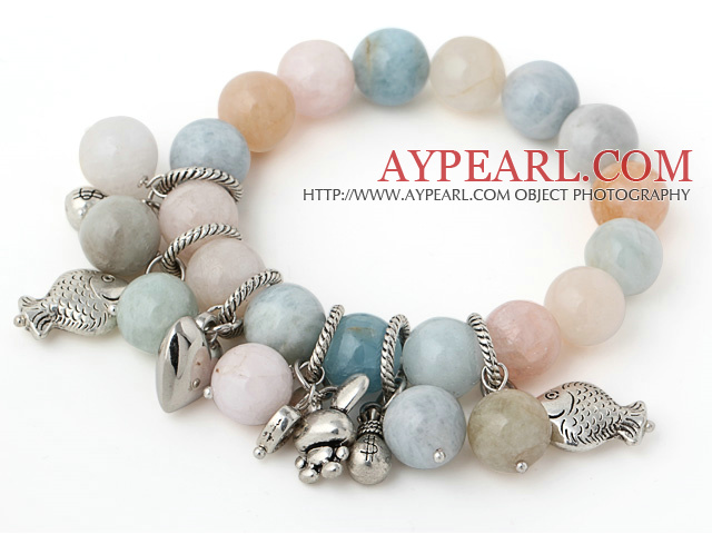Mote Round Multi Color Morganite Stone perler armbånd med Tibet Silver Fish Rabbit Lucky Bag Charm Tilbehør
