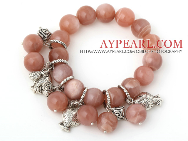 Mote A Grade Big Round Sunstone Beaded armbånd med Tibet Silver Fish Lucky Bag Charm Tilbehør