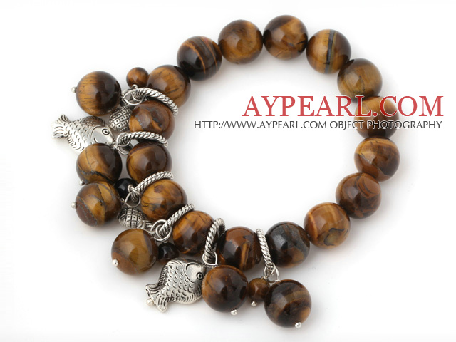 Pretty 12mm Round Tiger Eye Beaded Bracelet With Tibet Silver Fish Lucky Bag Charm Accessories