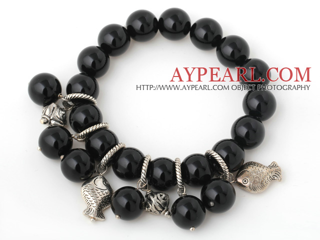 Pretty 12mm Round Black Agate Beaded Bracelet With Tibet Silver Fish Charm Accessories