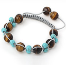 Simple Style Round Blue Turquoise And Tiger Eye Drawstring Bracelet With Adjustable Gray Threads