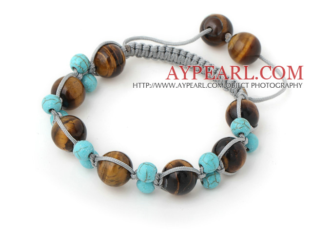 Simple Style Round Blue Turquoise And Tiger Eye Drawstring Bracelet With Adjustable Gray Threads