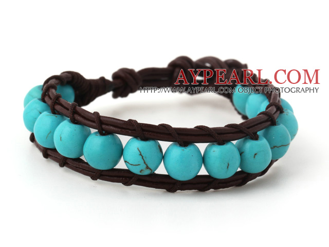 Fashion 8mm Round Blue Turquoise Hand Knotted Brown Leather Wrap Bracelet