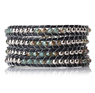 Fashion Multilayer Blue Jade-Like Crystal And Silver Beads Hand-Knotted Black Leather Wrap Bracelet