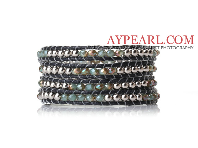 Mode multicouche jade bleu -Like cristal et bracelet d'enveloppe d'argent perles noué à la main en cuir noir