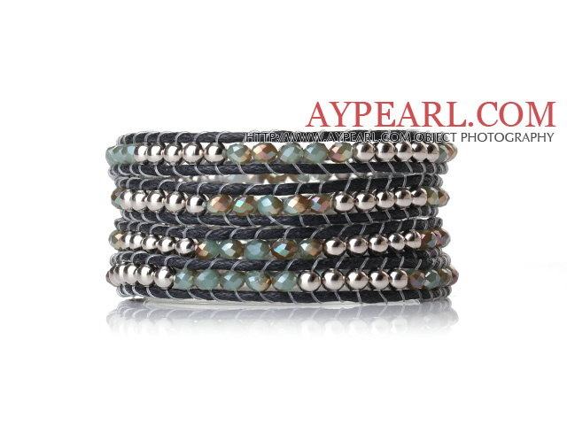 Fashion Multilayer Blaue Jade -Like Kristall und Silberperlen handgeknüpft Schwarz Leder Wickelarmband