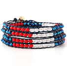 Fashion Multilayer Red Blue Jade-Like And White Crystal Hand-Knotted Blue Leather Wrap Bracelet