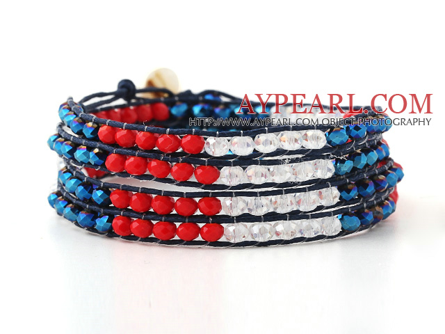 Mode multicouche Bleu Rouge Jade - Like et enveloppent le bracelet en cristal blanc noué à la main en cuir bleu