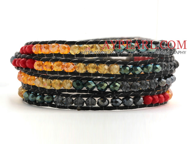 Pretty Multilayer Multi Colorful Jade-Like Crystal Hand-Knotted Black Leather Wrap Bracelet