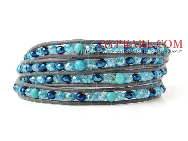 Ganz Multilayer Blue Series Jade -Like Kristall handgeknüpft Grau Leder Wickelarmband