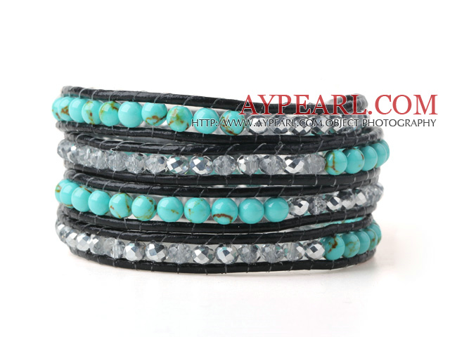 Trevlig Multilayer Grön Jade -liknande och grå Crystal handknuten svart läder Wrap Bracelet