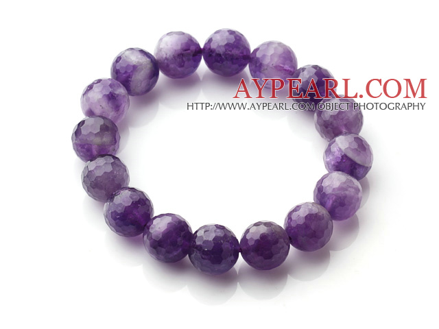 Chic Simple Design Single Strand 12mm runde natürliche facettierte Amethyst Perlen elastische Armband 