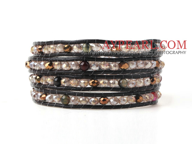 Fashion Multilayer Multi Color Jade-Like Crystal Hand-Knotted Brown Leather Wrap Bracelet