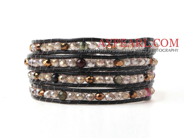 Multilayer- Mode Multi Color Jade -Like Kristall handgeknüpft Brown Leather Wrap Bracelet