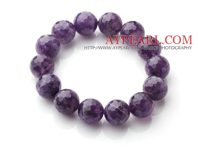Chic Simple Design Single Strand 14mm Round Natural Faceted Amethyst Beads Elastic Bracelet