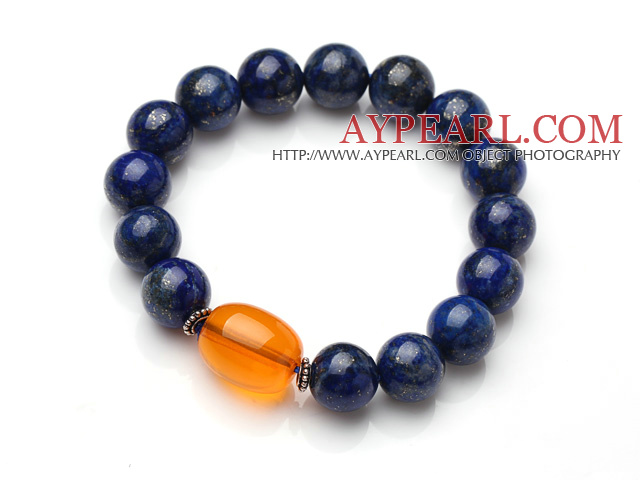 Classic Single Strand Natural Round Lapis And Oval Shape Orange Amber Elastic Bracelet